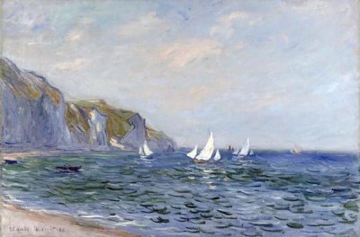 Claude Monet painting of white cliffs and sailboats on a choppy sea